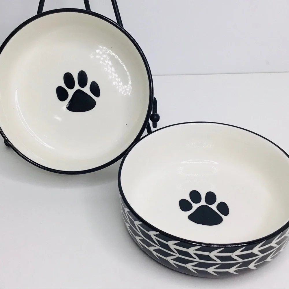2 Signature Houseware WHITE ARROW Bowl Cat Dog Water Food Ceramic White …